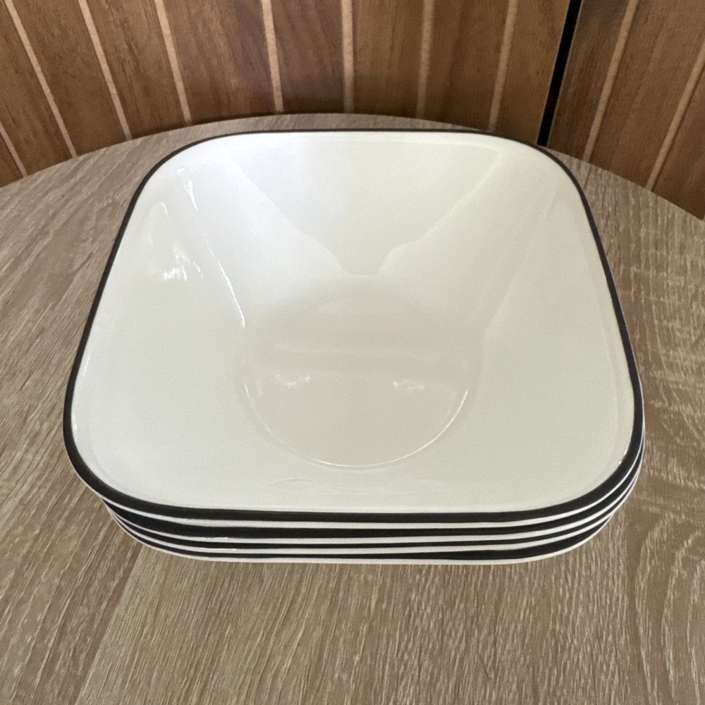4 Corelle Timber Shadows Dinnerware Square White Soup/Cereal Bowls W/ Black Trim
